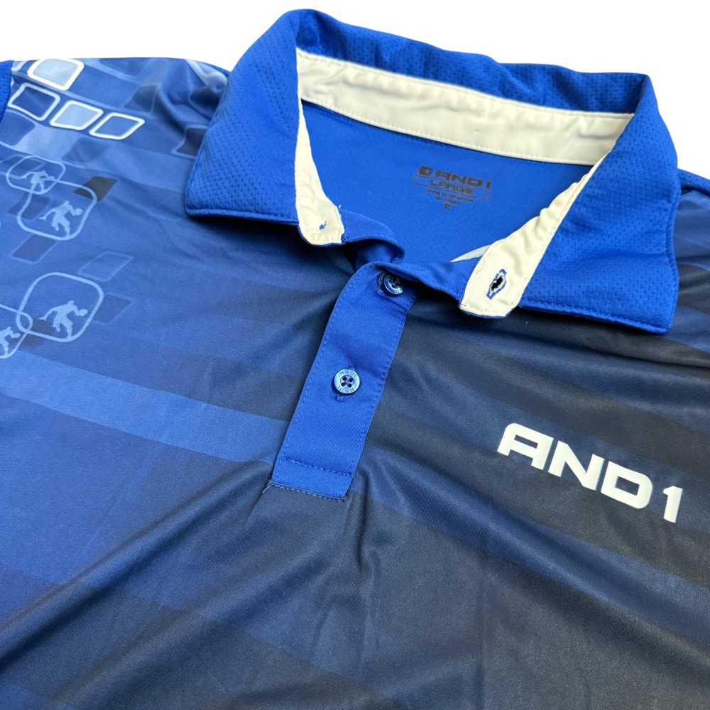 AND1 Mens Basketball Polo Shirt Large Blue Black Striped Graphic Performance Tee